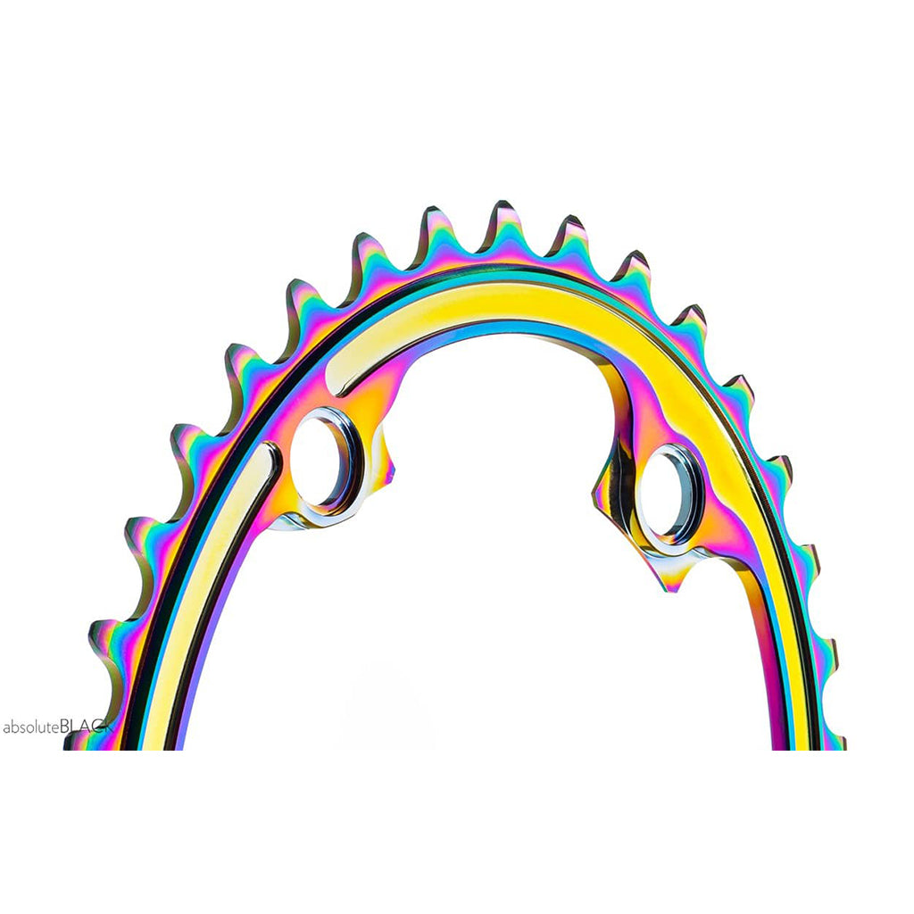 Absolute Black Oval Road Chainring - 2X 110/4 Shimano 9100/8000 (34T/36T/39T)-PVD Rainbow
